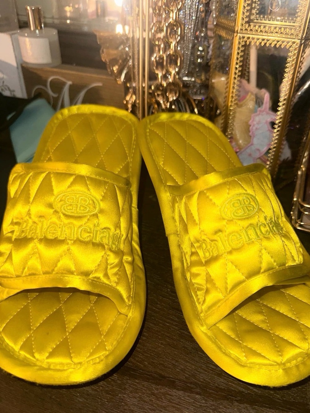 Balenciaga Quilted Satin Slide Sandals - Bright Yellow